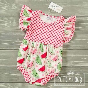 Pete + Lucy Watermelon Romper Gingham Ruffle Sleeve Summer Girls Outfit NWT